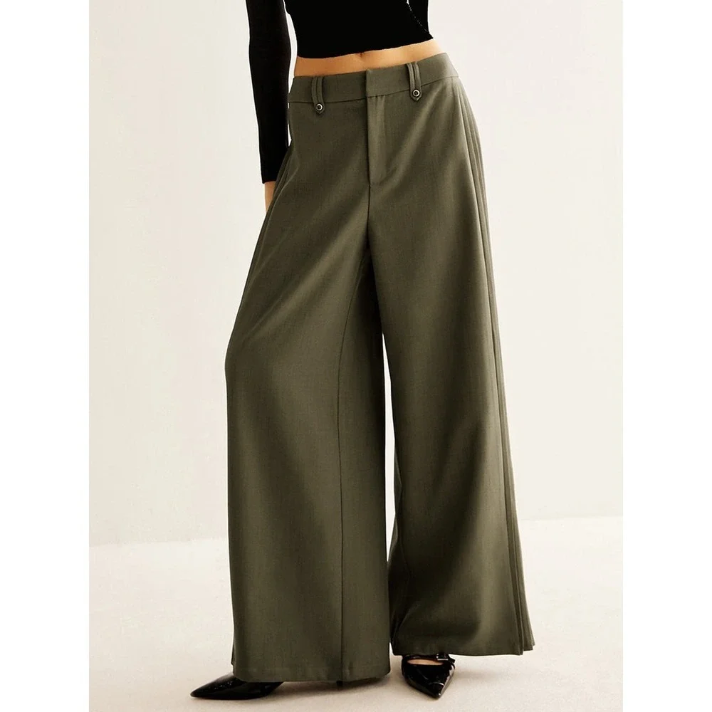 Commense Wide Leg Pleated ArmyGreen Trousers High Waist Palazzo Pants size S - Picture 4 of 15